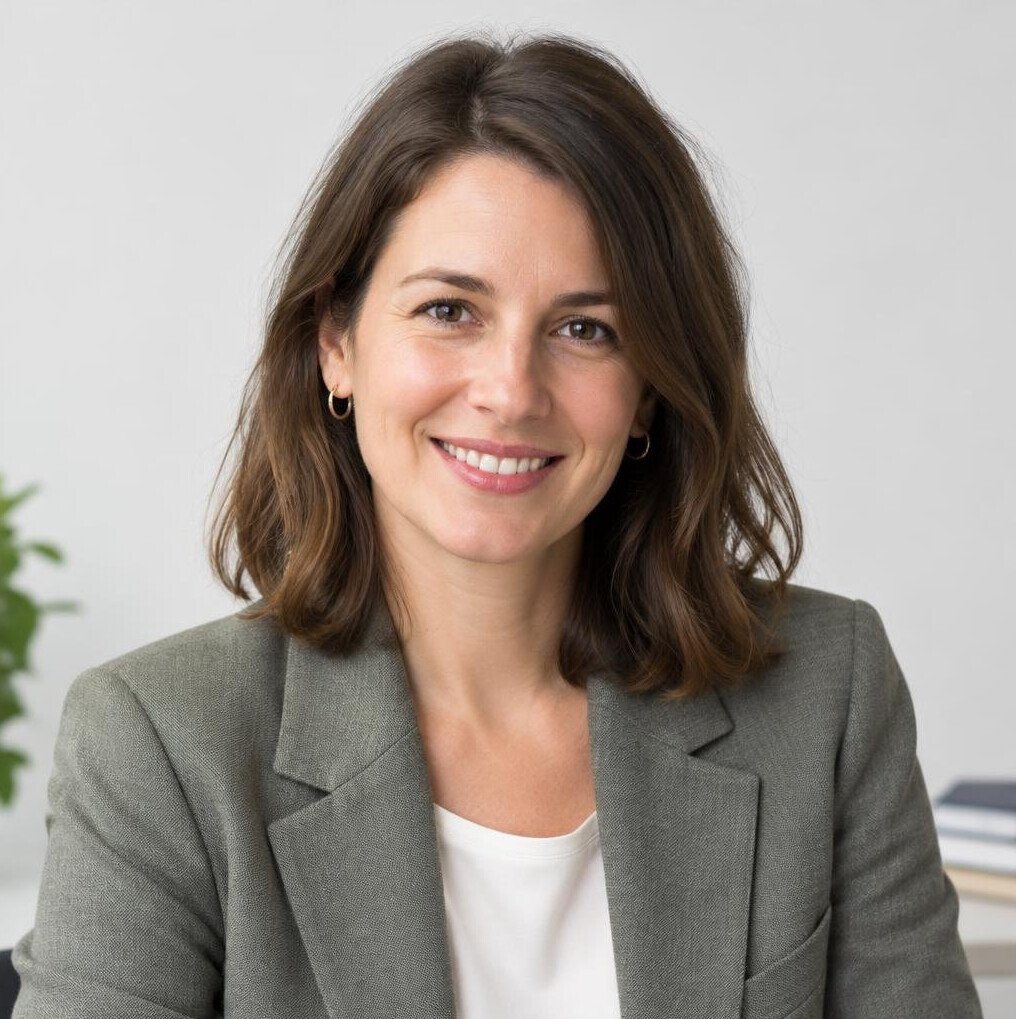 Portrait of a smiling Slovenian woman in her thirties with shoulder-length brown hair