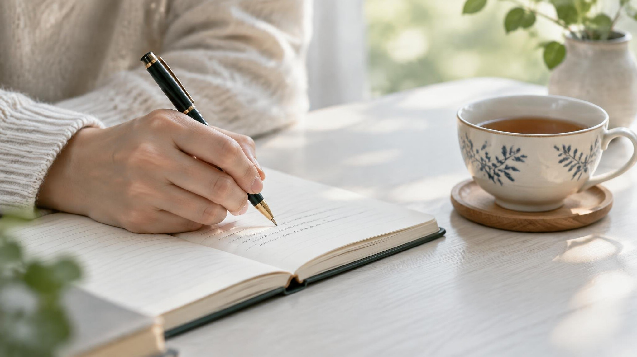 Hand writing a note in a notebook next to a cup of tea, reflection and feedback