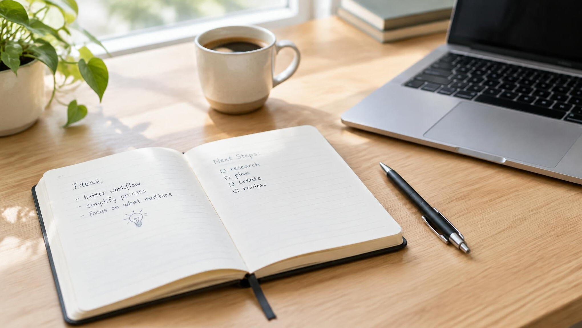Open notebook with handwritten leadership notes, laptop and coffee cup on a wooden desk